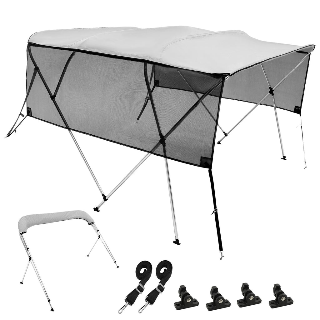 4 Bow Bimini Top Boat Cover, Detachable Mesh Sidewalls, 600D Polyester Canopy with 1" Aluminum Alloy Frame, Includes Storage Boot, 2 Straps, 2 Support Poles, 8'L x 54"H x 85"-90"W, Light Grey