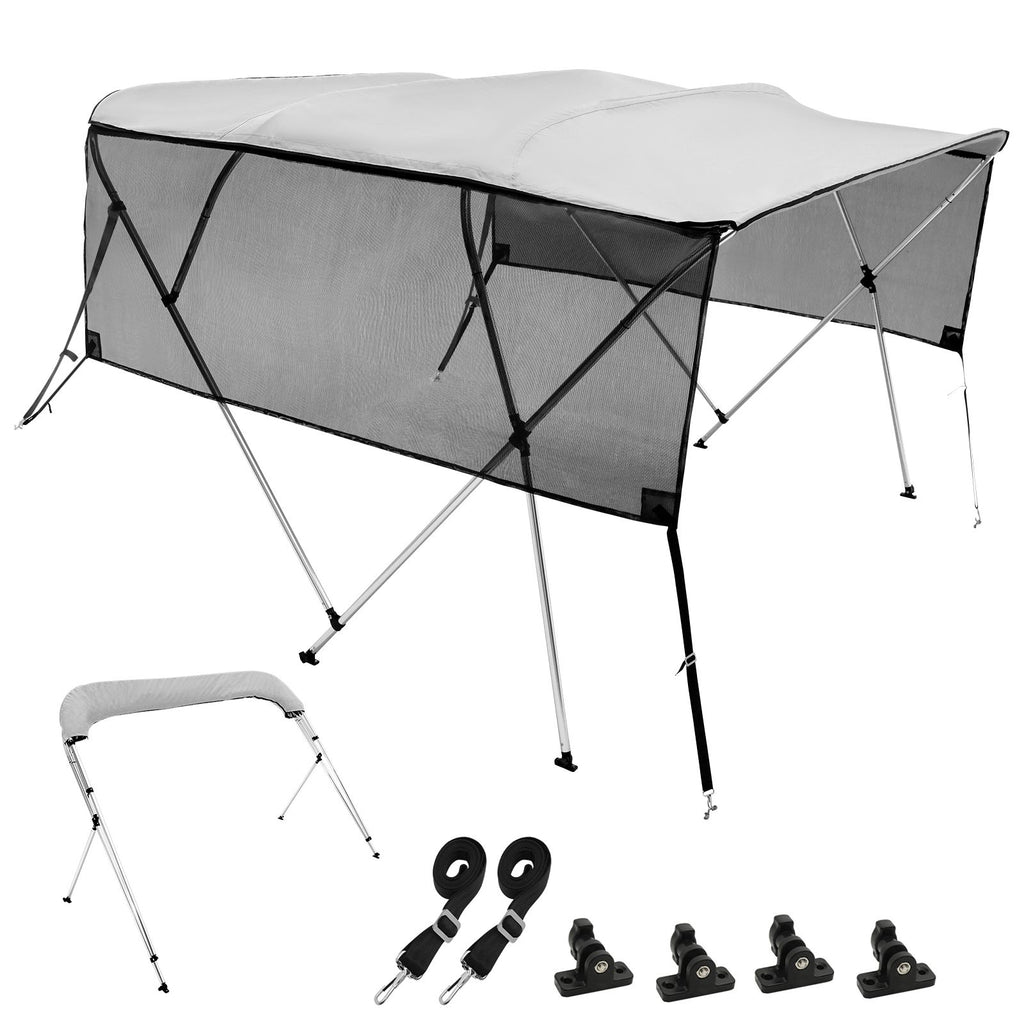 4 Bow Bimini Top Boat Cover, Detachable Mesh Sidewalls, 600D Polyester Canopy with 1" Aluminum Alloy Frame, Includes Storage Boot, 2 Straps, 2 Support Poles, 8'L x 54"H x 91"-96"W, Light Grey