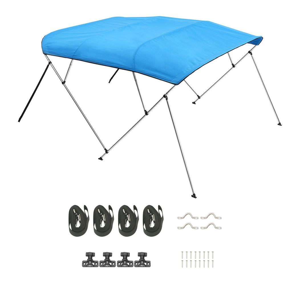 4 Bow Boat Bimini Tops, 600D Polyester Canopy with Aluminum Alloy Frame, Waterproof & Sun Shade Boat Awning Canopy with Storage Bag, 2 Support Poles, 4 Straps, 96"Lx(79"-84")Wx54"H, Pacific Blue