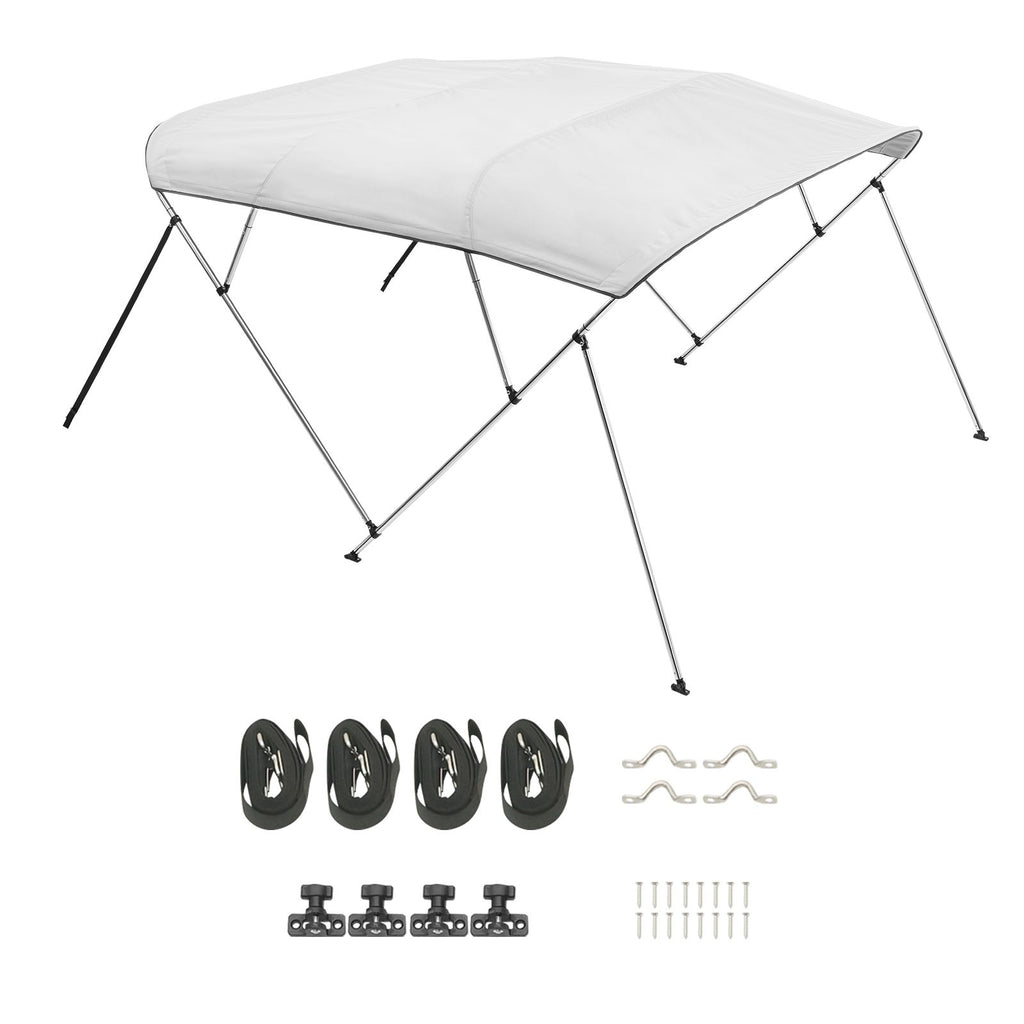 4 Bow Boat Bimini Tops, 600D Polyester Canopy with Aluminum Alloy Frame, Waterproof & Sun Shade Boat Awning Canopy with Storage Bag, 2 Support Poles, 4 Straps, 96"Lx(85"-90")Wx54"H, Light Grey