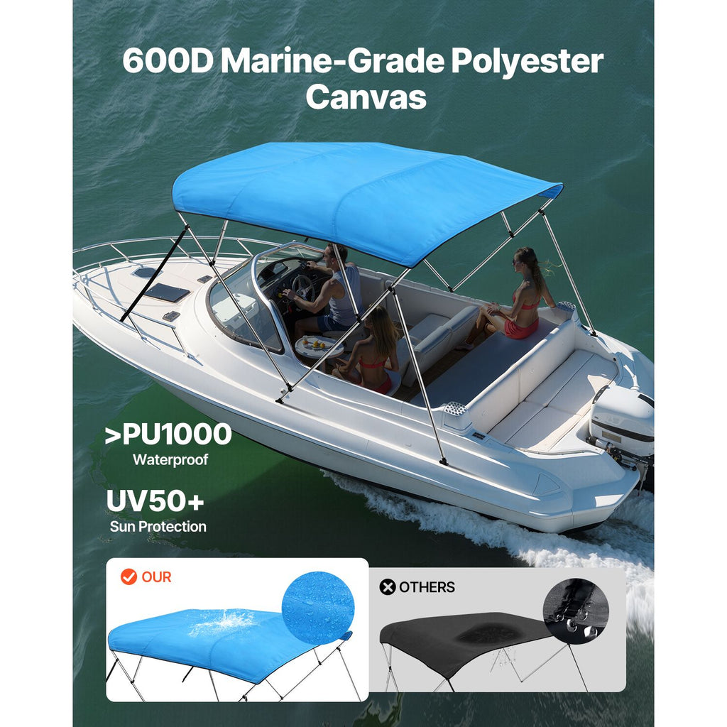4 Bow Boat Bimini Tops, 600D Polyester Canopy with Aluminum Alloy Frame, Waterproof & Sun Shade Boat Awning Canopy with Storage Bag, 2 Support Poles, 4 Straps, 96"Lx(85"-90")Wx54"H, Pacific Blue image 2