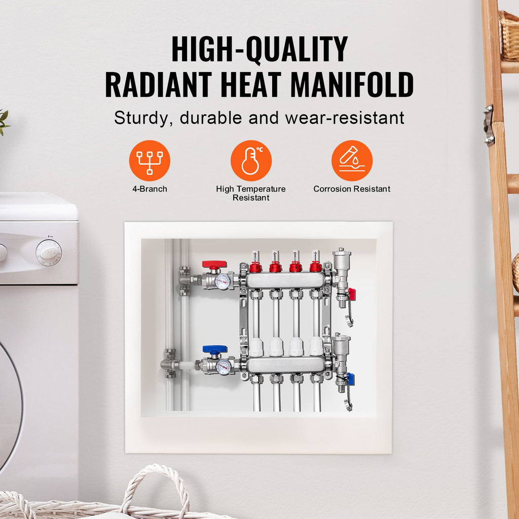 4-Branch Radiant Heat Manifold, 1/2" PEX Tubing Manifold, Stainless Steel PEX Manifold for Hydronic Radiant Floor Heating, Radiant Heat PEX Manifold Kit with 1/2" Adapters Included image 2