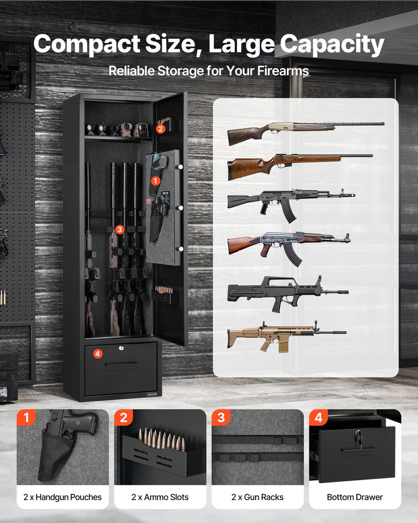 4 Gun Safe, Long Gun Cabinet for Rifles and Pistols, Quick Access Rifle Safe with 2 Ammo Slots, 2 Pistol Pockets & 2 Adjustable Racks, Large Digital Cabinet with Key and Password Lock image 2
