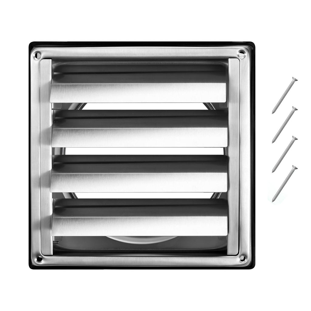 4 inch Wall Vent Cover, Louvered Square AC Vent Gable Cover, Premium Stainless Steel & with Noise Reducing Rubber Gasket, for House,Bathroom,Garage,Kitchen,Basement (1 Pack, Silver)