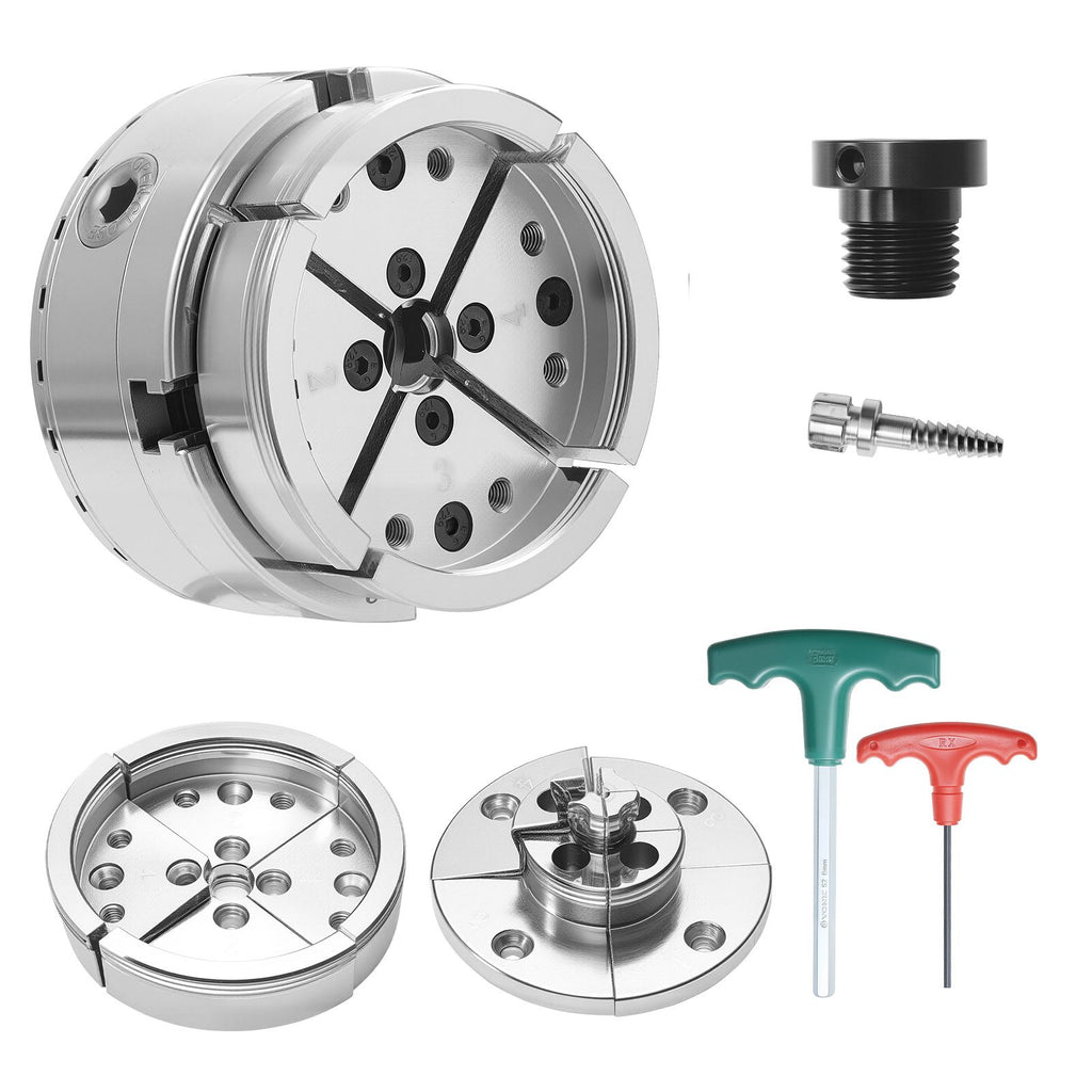 4 Inch Wood Lathe Chuck, 4-Jaw, Bevel-Gear Self-Centering Wood Turning Chuck Set with 1" x 8TPI Thread & Adapter, Round Jaws, Step Jaws, Nickel-Plated, High-Hardness Steel, for Woodworking Lathe