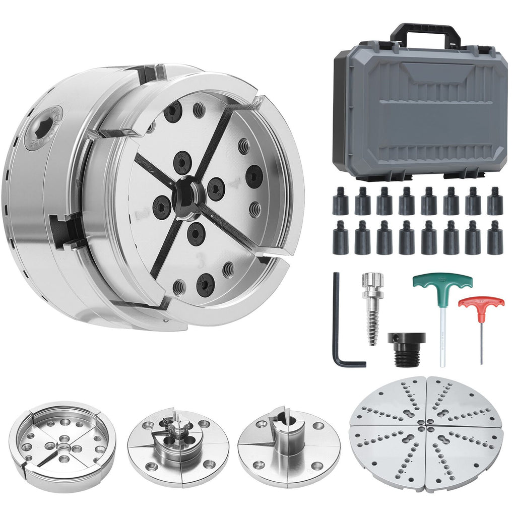 4 Inch Wood Lathe Chuck, 4-Jaw, Self-Centering Wood Turning Chuck Set with 1" x 8TPI Thread & Adapter, 5 PCS Jaws Round/Flat/Step/Pin, Carry Case, Nickel-Plated Finish, for Woodworking Lathe