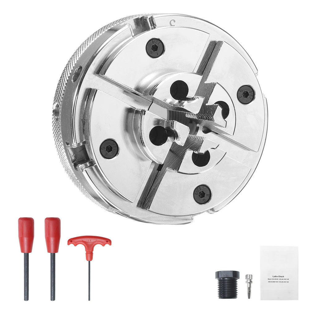 4 Inch Wood Lathe Chuck, 4-Jaw, Self-Centering Wood Turning Chuck Set with 1" x 8TPI Thread & Adapter, Nickel-Plated, High-Hardness Steel, Inside Clamping & Outside Support, for Woodworking