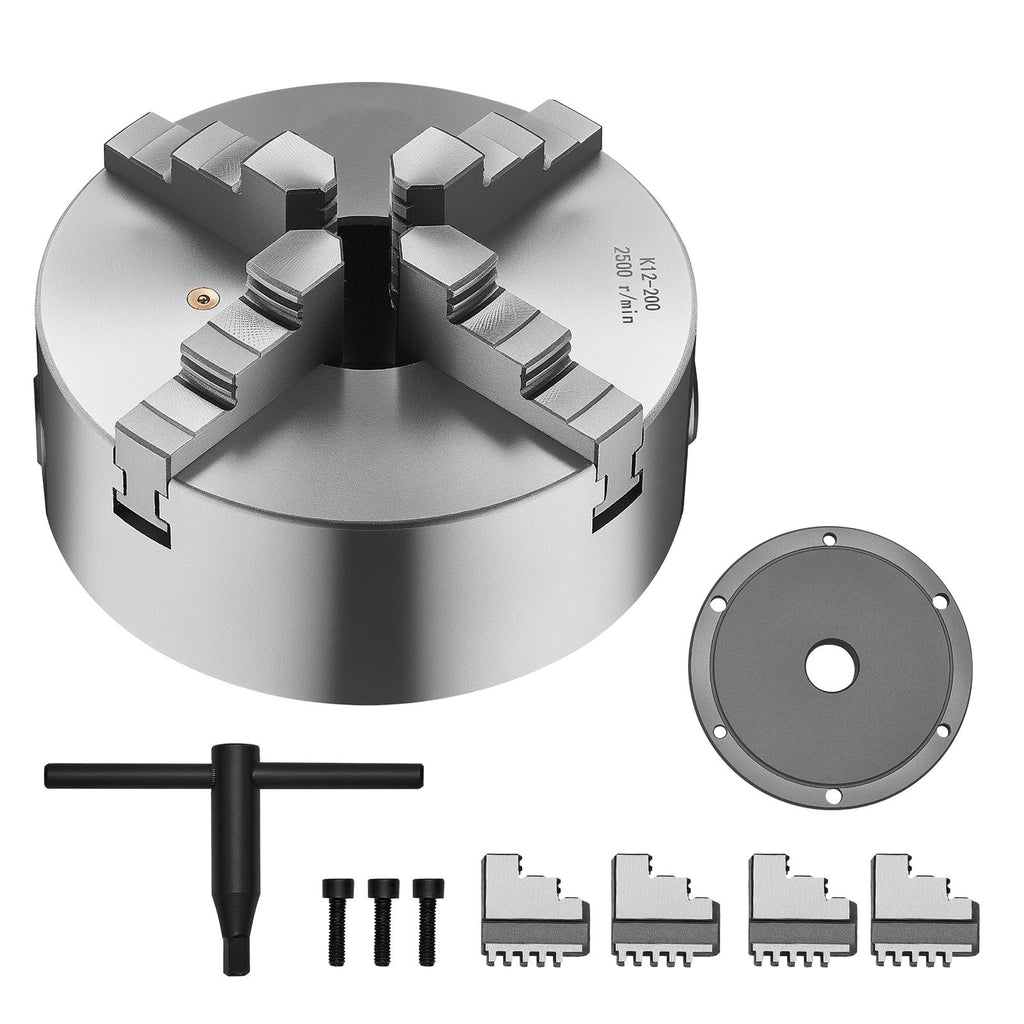 4-Jaw Lathe Chuck, 8 Inch (200 mm), Self-Centering Chuck with 1 1/2 in-8 Threaded Backing Plate, 0.16-7.87 in (4-200 mm) Clamping Range with T-wrench Screws, HT300 Material, for Wood Metal Lathe