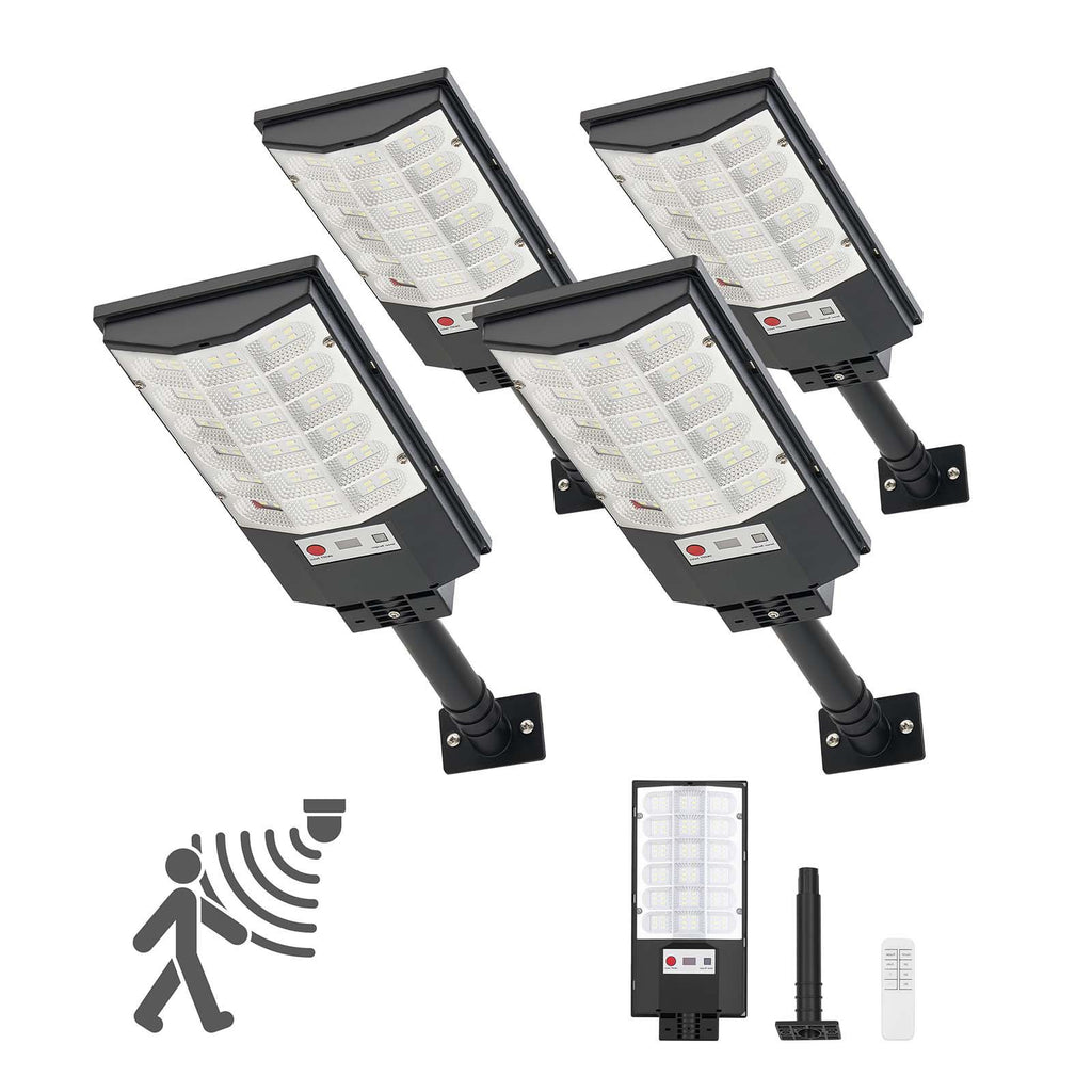 4 Pack 500W Solar Street Lights Outdoor, 50000LM, Commercial Parking Lot Lights Dusk to Dawn, LED Flood Security Lamp with Motion Sensor, IP65 Waterproof Outdoor Lighting, for Driveway Yard