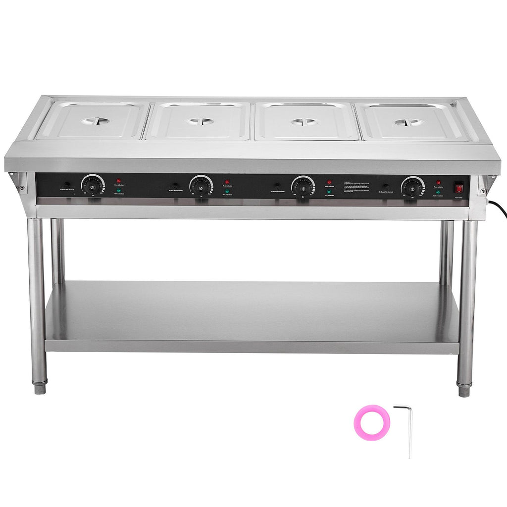 4-Pan Commercial Food Warmer, Electric Steam Table with Independent Temperature Control, 450W x 4 Stainless Steel Buffet Catering Food Warmer with Undershelf and Workspace, for Restaurant