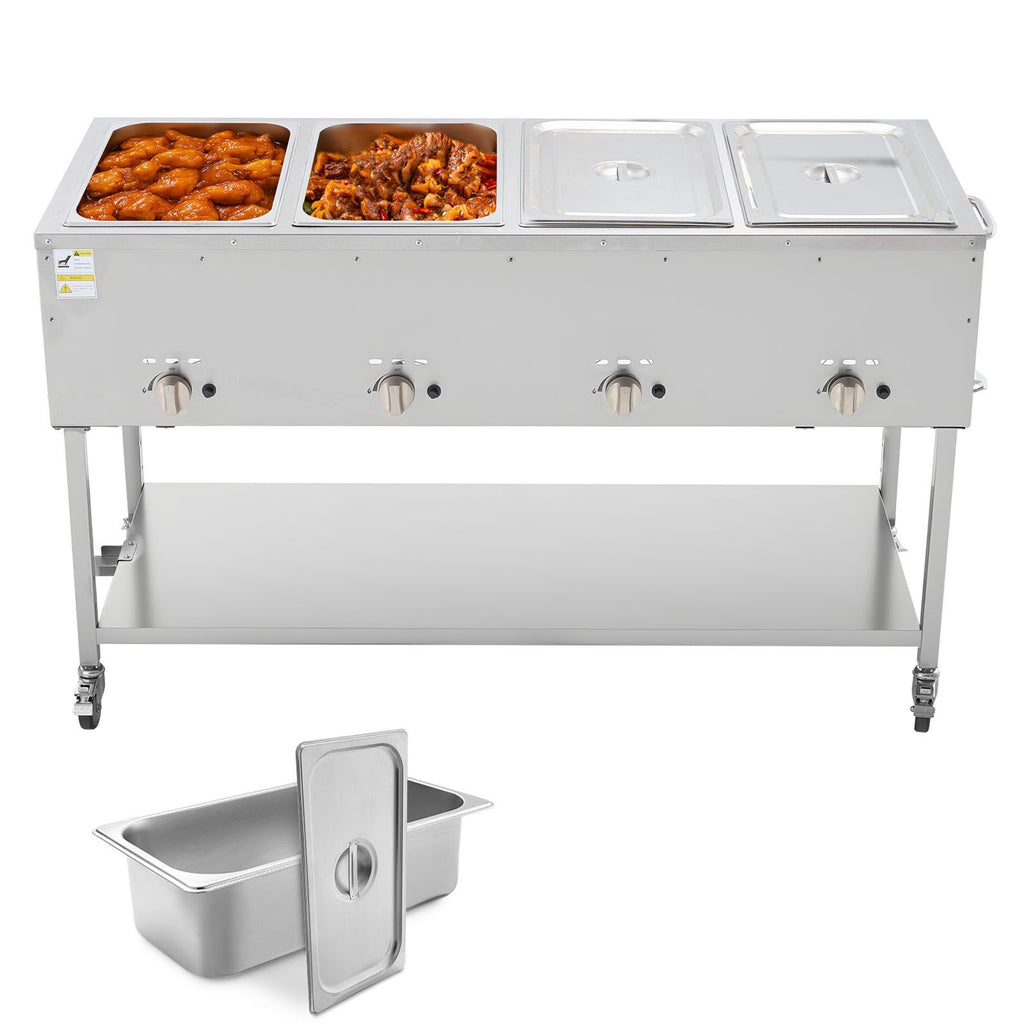 4-Pan Commercial Propane Steam Table, LP Gas Outdoor Soup Warmer with Drain Valve and 3" Wheels, Stainless Steel Propane Food Warmer with Independent Temp Control, for Restaurant Outdoor Camping