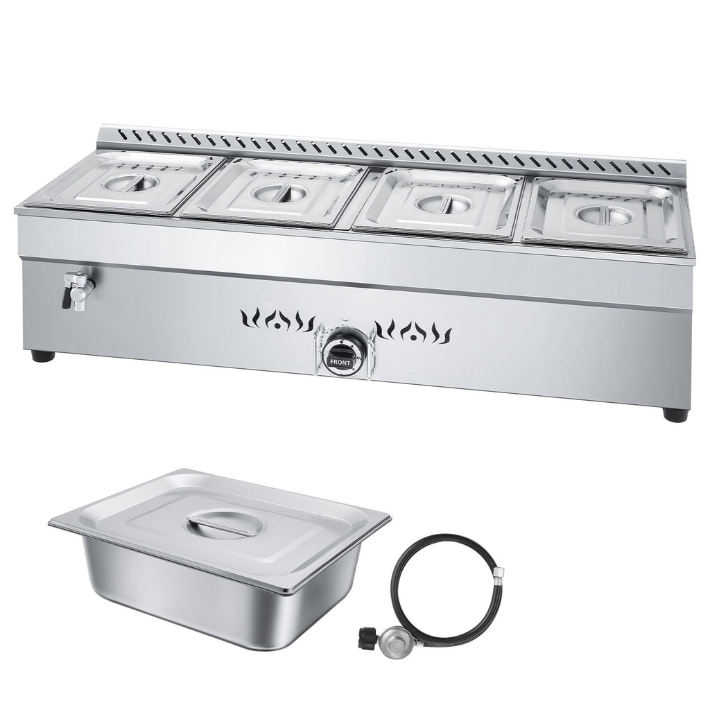 4-Pan Commercial Propane Steam Table, LP Gas Outdoor Soup Warmer with Drain Valve, Stainless Steel Propane Food Warmer with Adjustable Temperature, for Restaurant Party Outdoor Camping
