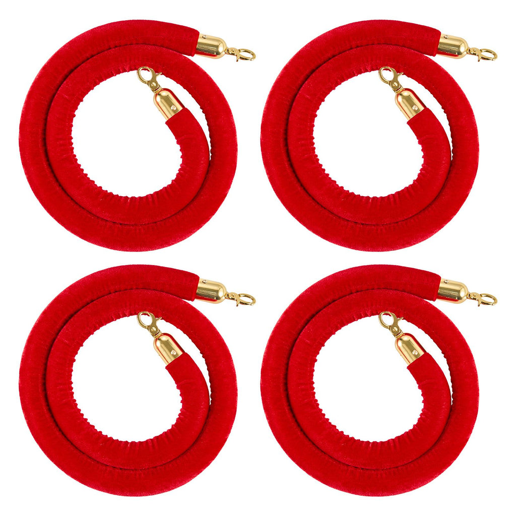 4 Pcs Red Velvet Stanchion Ropes, 5 ft Crowd Control Stanchion Red Velvet Ropes with Gold Hooks, Post Queue Barrier Carpet Rope for Carpet Events Movie Theaters Grand Openings Hotels Party