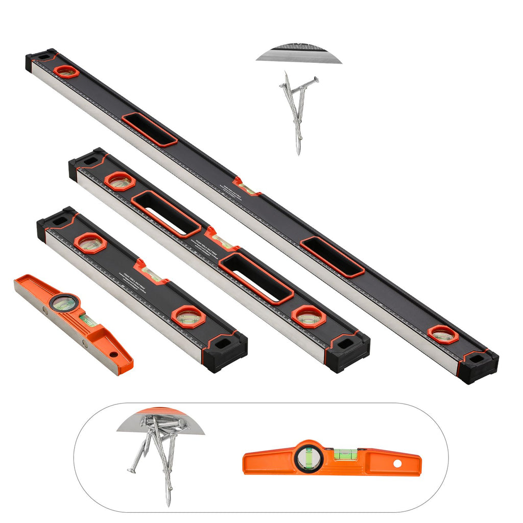 4-Piece Torpedo Level, 48/24/16/10 Inch Box Levels Set, Fluorescent Light Up Bubble Vials Ruler for 45/90/180 Degree, Aluminum Alloy Magnetic Leveler Tool, Shock-Proof(Only 10-inch has magnetic)