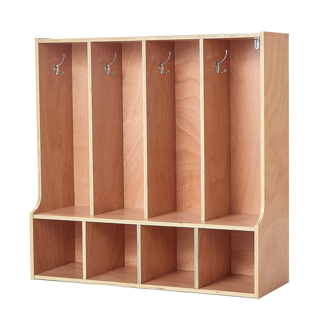4-Section Kids Coat Locker, Wooden Toddler Cubby Storage Organizer with 8 Hooks & Non-Slip Mat, Modern Kid Coat Cubbies with 4 Small Open Storage Boxes for Home, Kindergarten, Daycare, Natural