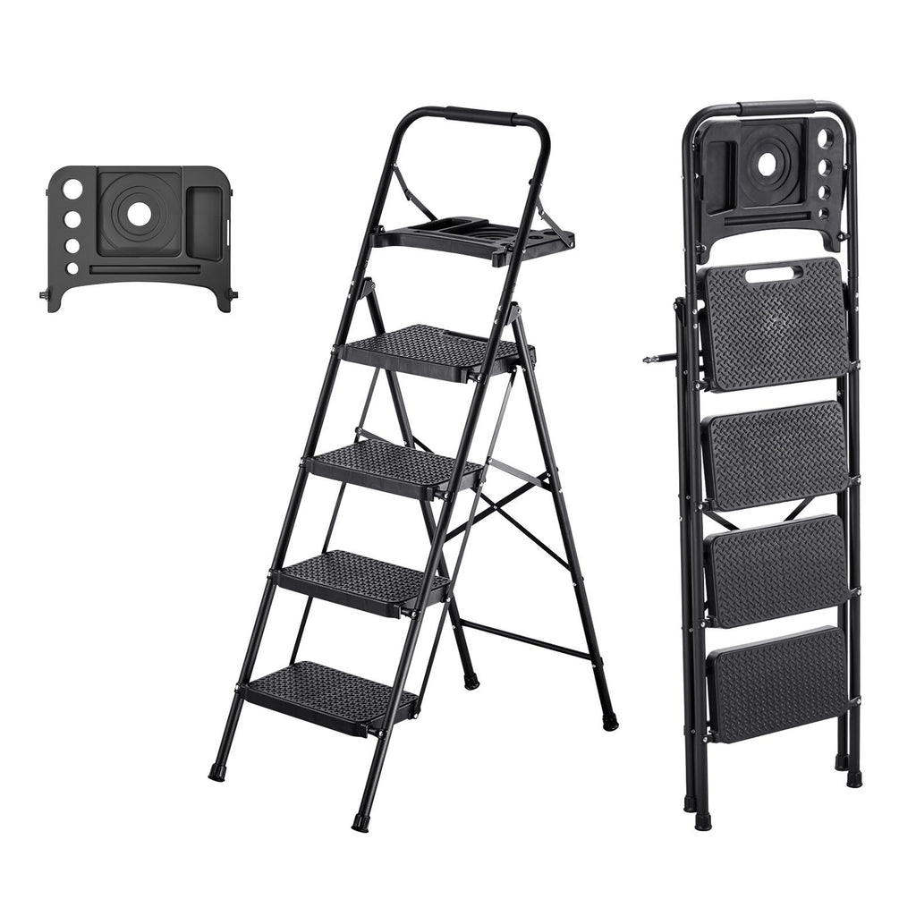 4 Step Ladder, Folding Step Stool with Wide Anti-Slip Pedal, Tool Tray, Comfort Handgrip, 600 lbs Capacity Portable Steel Ladder, Multi-Use for Kitchen, Home, Household and Office, Black