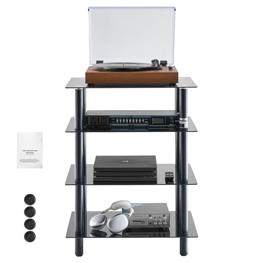 4-Tier AV Media Stand, Audio/Video Stand with Strengthened Tempered Glass Shevles for DVD/Cable Boxes/Games Consoles, Media Storage Cabinet for Gaming/Recording Room