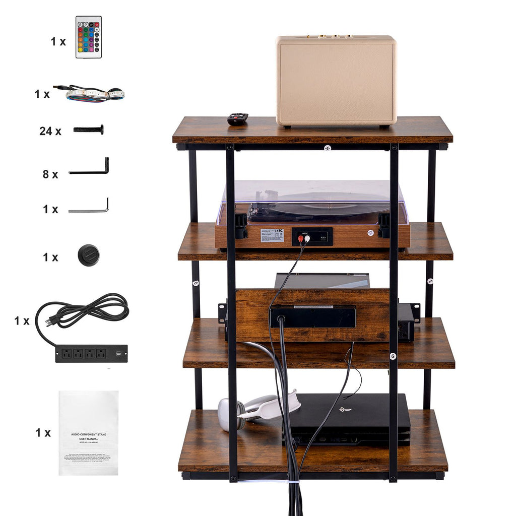 4-Tier AV Media Stand with Power Strips, Corner TV Stand with LED Lights, Height Adjustable Wooden Shelves for DVD Players/Cable Boxes/Games Consoles, Brown
