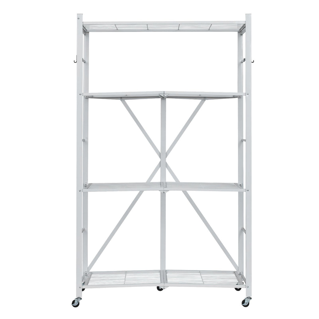 4-Tier Foldable Storage Shelf, 36W x 21D x 60 H Inch Folding Metal Rack Shelving Unit, No Assembly Organizer Shelf with 5 Wheels & 4 Hooks for Pantry, Kitchen, Garage, Basement, White