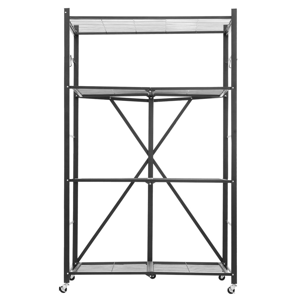 4-Tier Foldable Storage Shelf, 36W x 21D x 60H Inch Folding Metal Rack Shelving Unit, No Assembly Organizer Shelf with 5 Wheels & 4 Hooks for Pantry, Kitchen, Garage, Basement, Black
