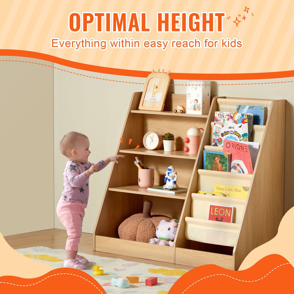 4-Tier Kids Wooden Bookshelf, Six-Layer Sling Bookcase, Baby Storage Book Rack, Book Toy Organizer Cabinet, for Kids Room, Playroom, Kindergarten, Nursery image 2