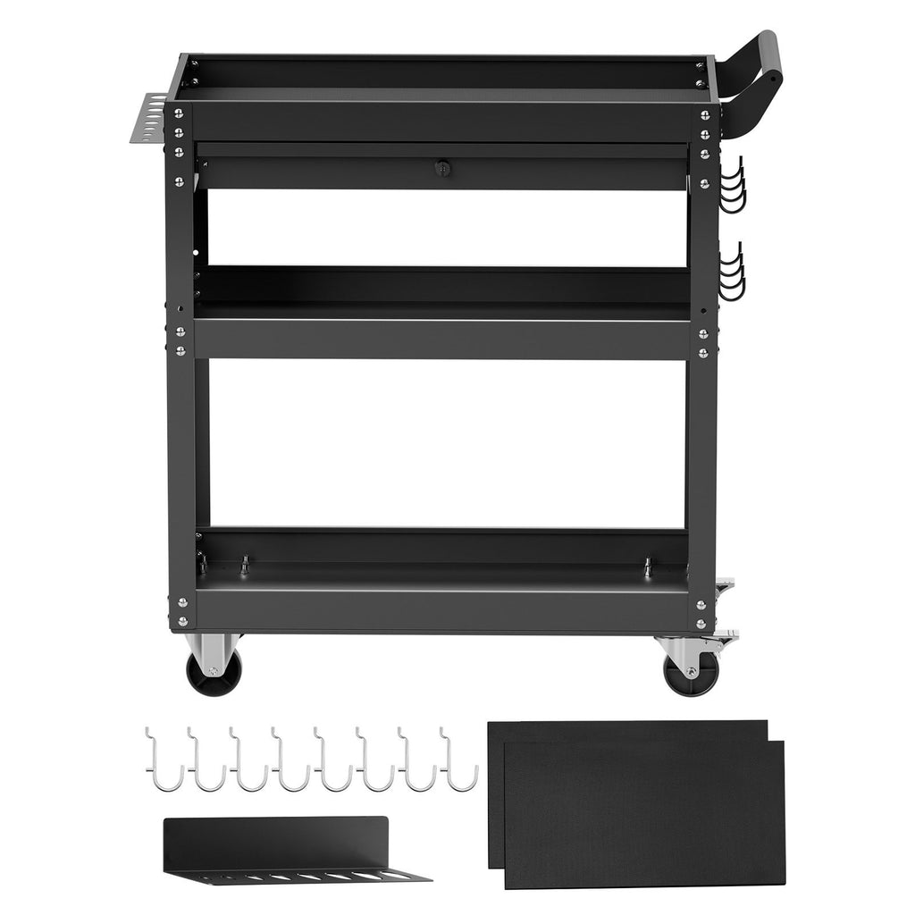4-Tier Tool Cart with Wheels, 350 lbs Load Capacity, Rolling Work Cart with Drawer & Pegboard, Mechanic Tool Storage Organizer with Locking System for Garage, Warehouse and Repair Shop, Black
