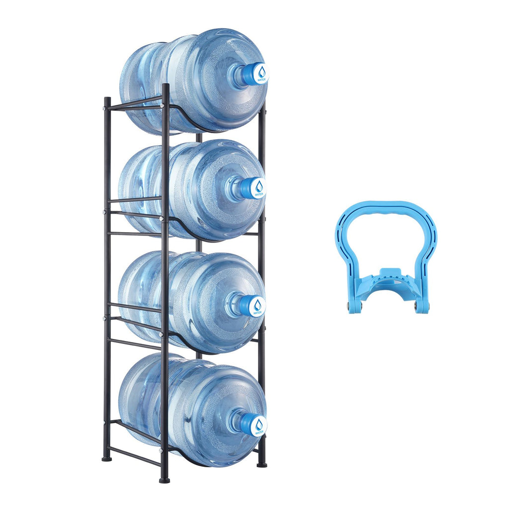 4 Tiers Water Jug Holder, 5 Gallon Water Bottle Holder, Single Row Water Bottle Rack for 4 Bottles, Heavy Duty Water Jug Rack for Kitchen, Office, Living Room, Black