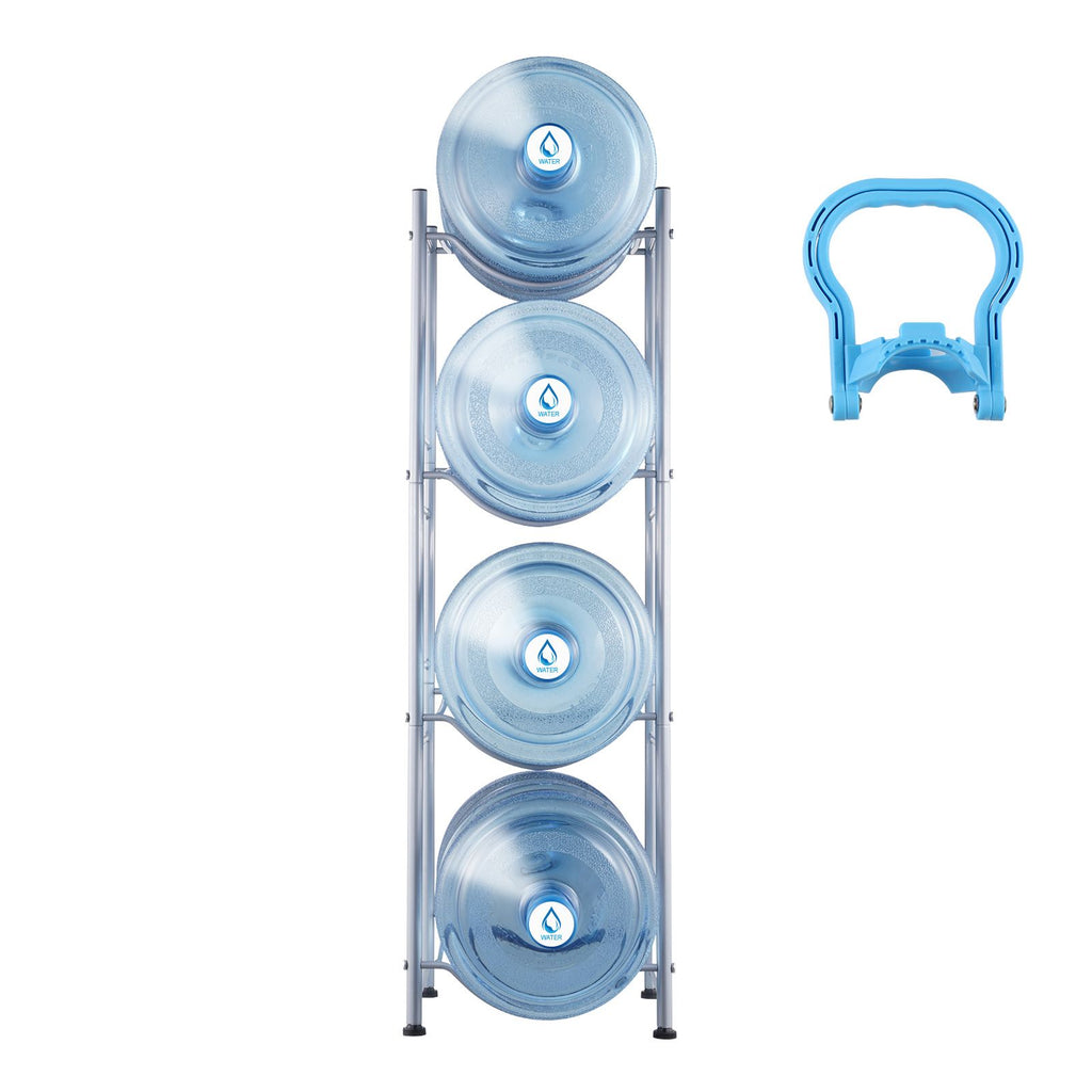 4 Tiers Water Jug Holder, 5 Gallon Water Bottle Holder, Single Row Water Bottle Rack for 4 Bottles, Heavy Duty Water Jug Rack for Kitchen, Office, Living Room, Silver