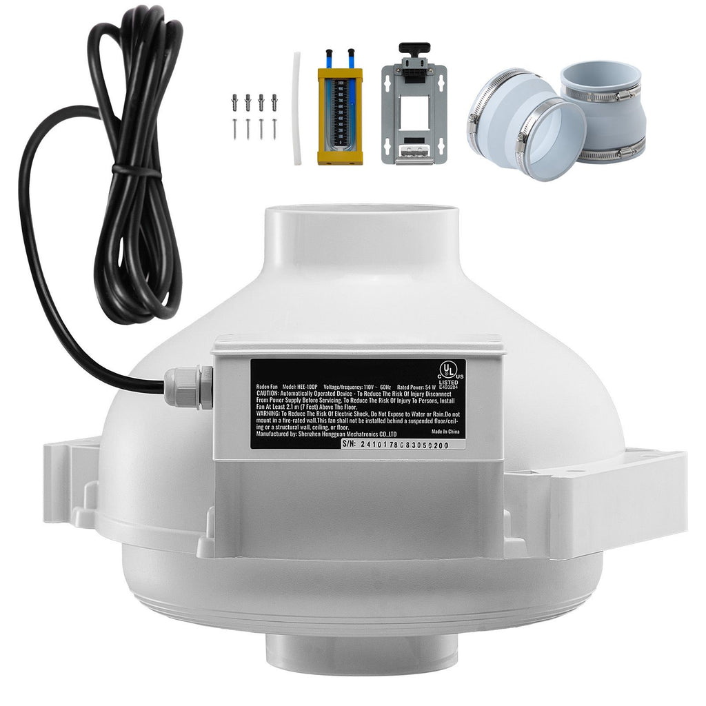 4 to 4.5 inch Radon Fan Installation Kit, Quiet 260CFM Radon Mitigation Fan System Kit with 2 Couplers, Pressure Indicator, Waterproof Inline Duct Fan Exhaust Fan for Indoor Outdoor Ventilation