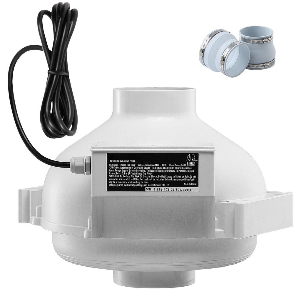 4 to 4.5 inch Radon Mitigation Fan System, Quiet 190 CFM Radon Mitigation Kit with 2 Couplers, Waterproof Radon Fan Electric Inline Duct Fan Exhaust Fan for Indoor Outdoor Ventilation