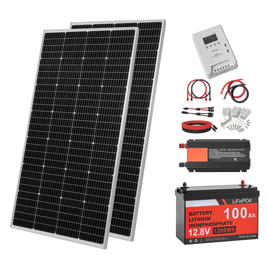 400W 12V Complete Solar Power Kit, 2PCS 200W Monocrystalline Solar Panels + 12.8V 100Ah LiFePO4 Battery + 40A MPPT Charge Controller + 1000W Power Inverter for RV Home Camping Boats Off-Grid