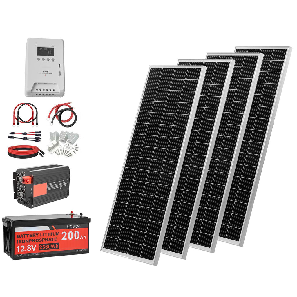 400W 12V Complete Solar Power Kit, 4PCS 100W Monocrystalline Solar Panels + 12.8V 200Ah LiFePO4 Battery + 40A MPPT Charge Controller + 2000W Power Inverter for RV Home Camping Boats Off-Grid