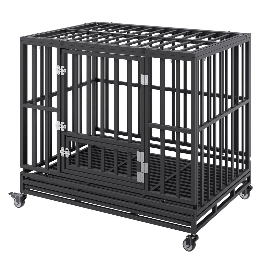 42 Inch Heavy Duty Dog Crate, Indestructible Dog Crate, 3-Door Heavy Duty Dog Kennel for Medium to Large Dogs with Lockable Wheels and Removable Tray, High Anxiety Dog Crate for Indoor & Outdoor