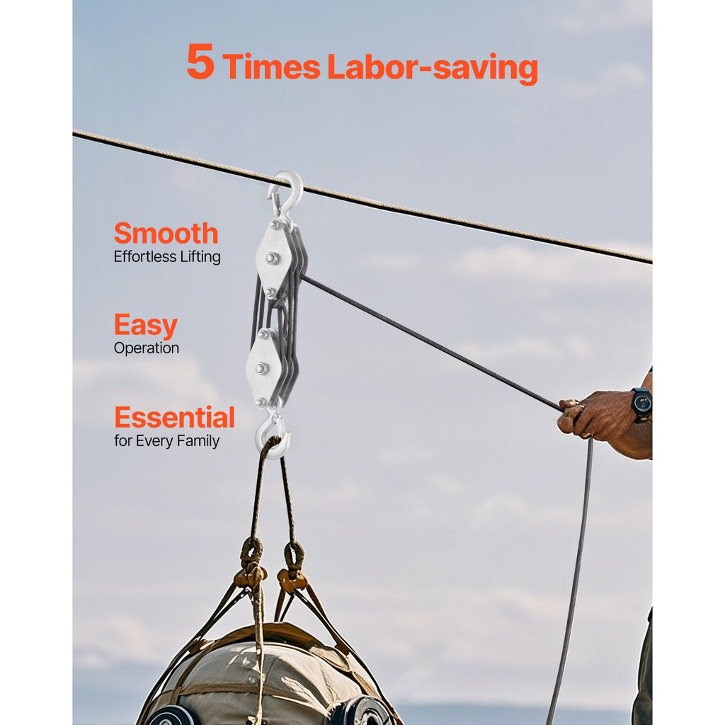 4400 lbs Breaking Strength 100 FT Rope Pulley Hoist, 5:1 Lifting Power Heavy Duty Pulley System with 2pcs Soft Loops, Metal Wheels Bearing Structure, Block and Tackle for Lifting Heavy Objects