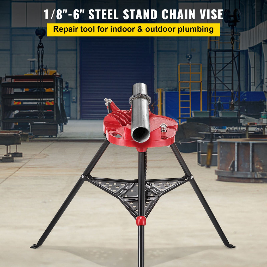 460-6 Tripod Pipe Chain Vise 1/8\"-6\" Capacity,Pipe Stand Portable Foldable Steel Legs,Pipe Jack Stands with Tool Tray, Tripod Stand Chain Vise Ideal for a Variety of Pipe Materials