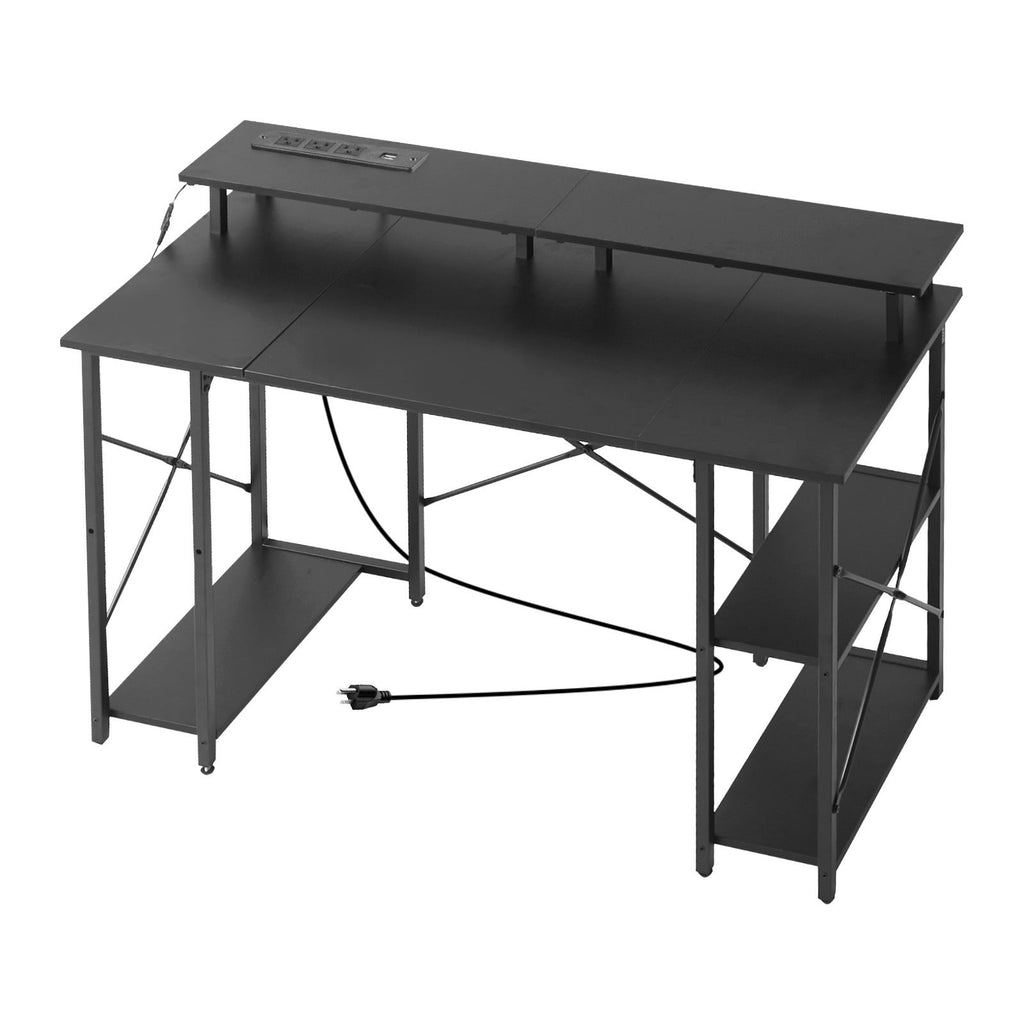 47" Gaming Desk with LED Lights & Power Outlets, Computer Desk with Monitor Stand & 2-Tier Storage Sheves, Study Work for Home Office, Black