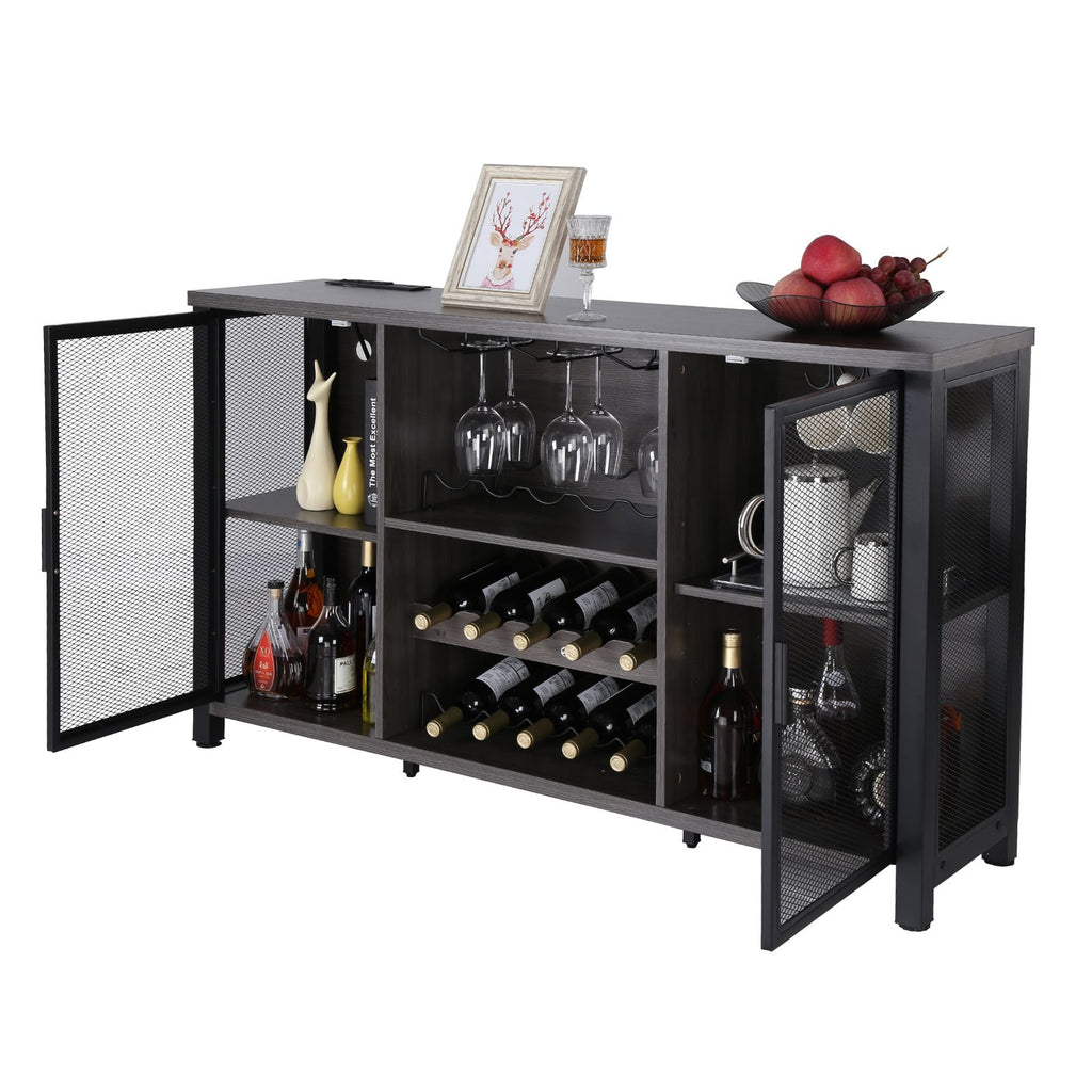 47 Inch Industrial Bar Cabinet, Wine Table for Liquor & Glasses, Sideboard Buffet Cabinet with Wine Rack, Freestanding Farmhouse Wood Coffee Bar Cabinet for Living Room, Home Bar, Kitchen