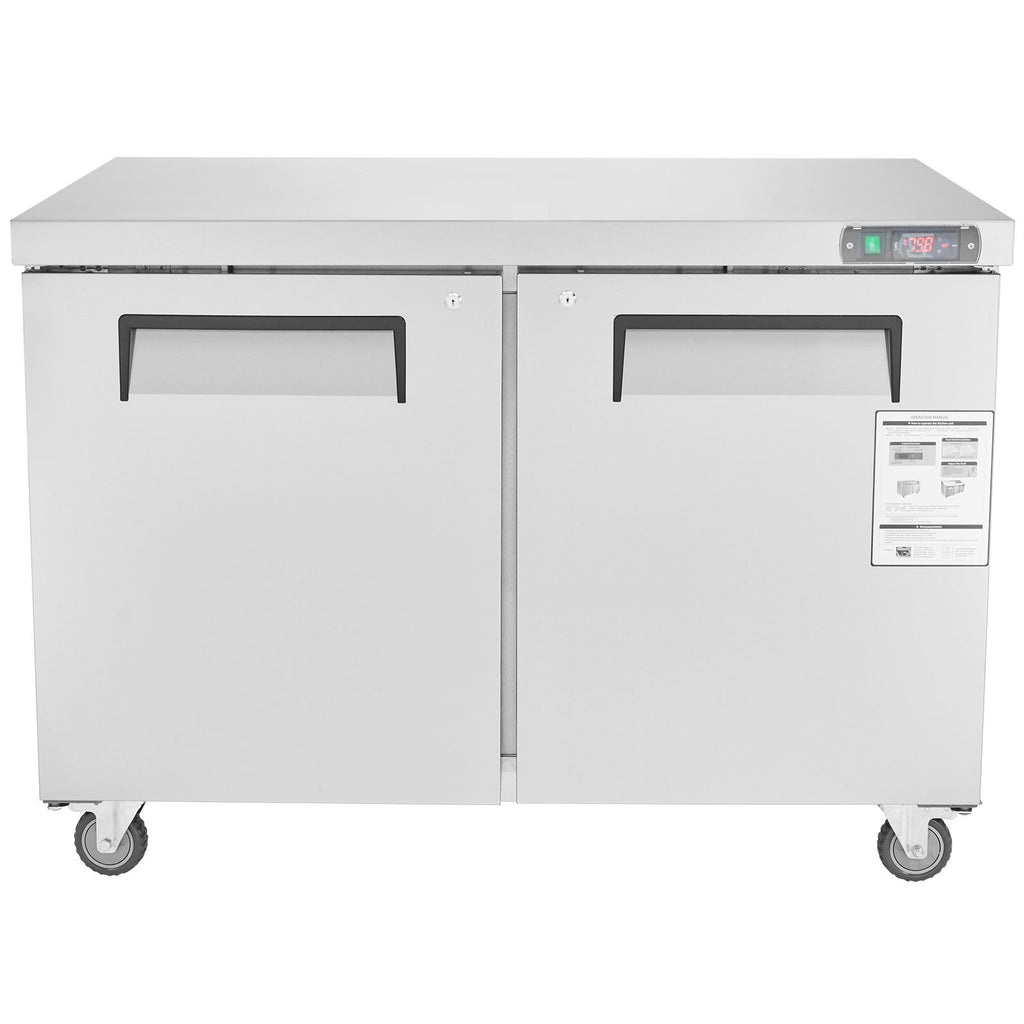 48" Commercial Frozen Refrigerator Sandwich & Salad Prep Table, 12.9 Cu. Ft Stainless Steel Refrigerated Food Prep Station with 2 Doors, Frost Free Refrigerator with Lock for Restaurant, Bar
