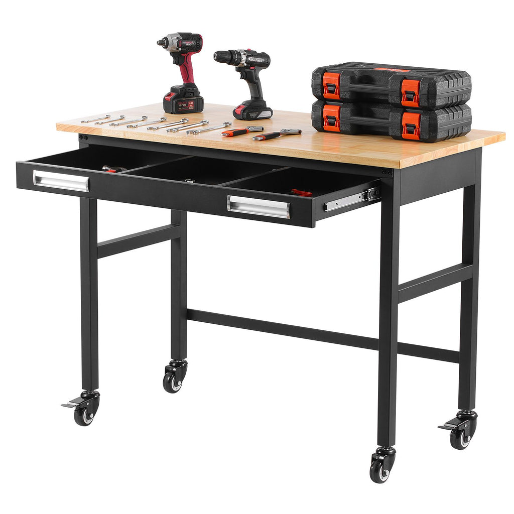 48-inch Workbench, 1500 lbs Load Capacity, Garage Workbench with Drawer Storage & Wheels, Workshop Bench on Wheels, Heavy Duty Oak Wood Top Work Table for Garage, Workshop, Office, and Home