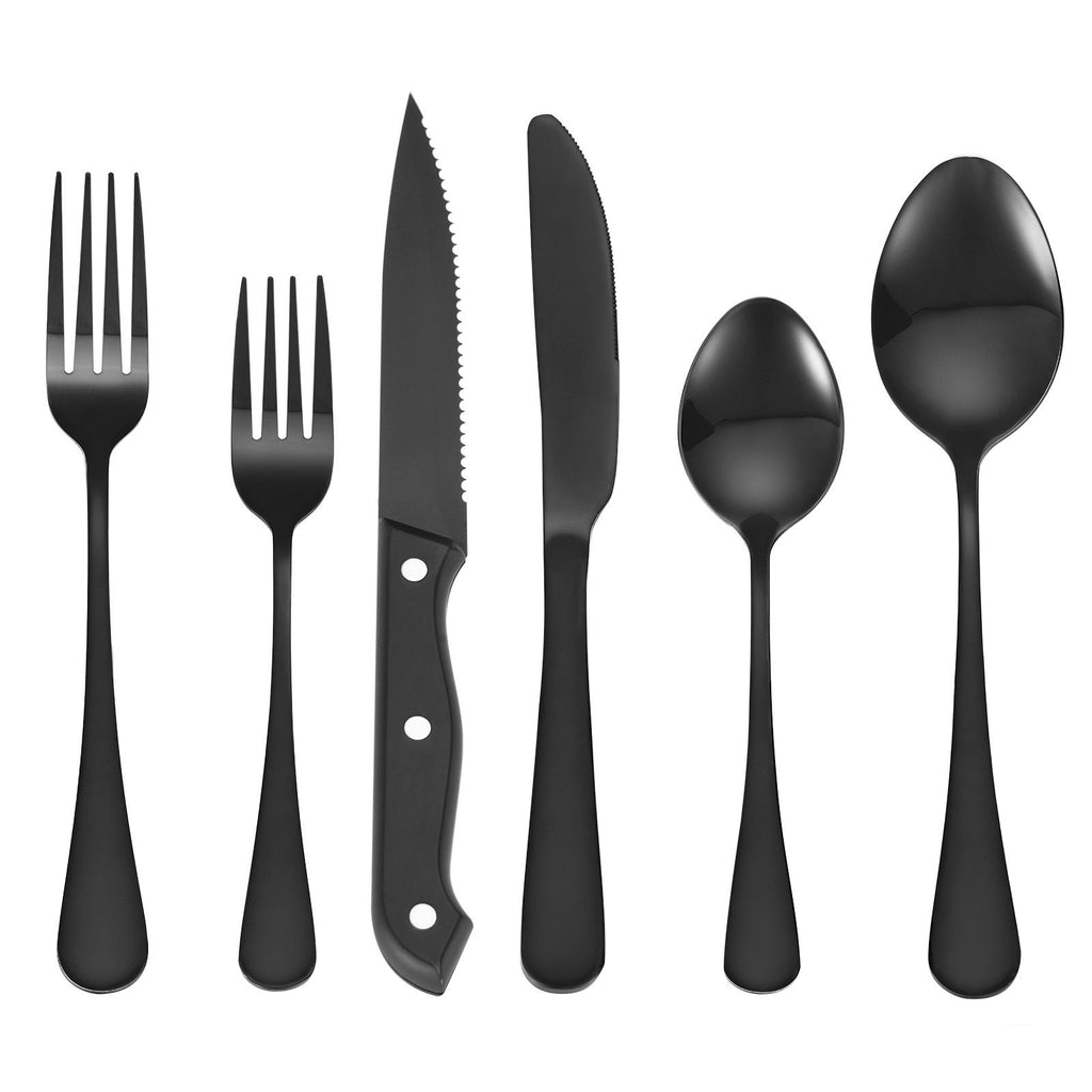 48-Piece Black Silverware Set with Steak Knives, Food-Grade Stainless Steel Flatware Utensils for 8, Mirror Finished Cutlery Set, Dishwasher Safe Eating Tableware for Kitchen Home, Service for 8