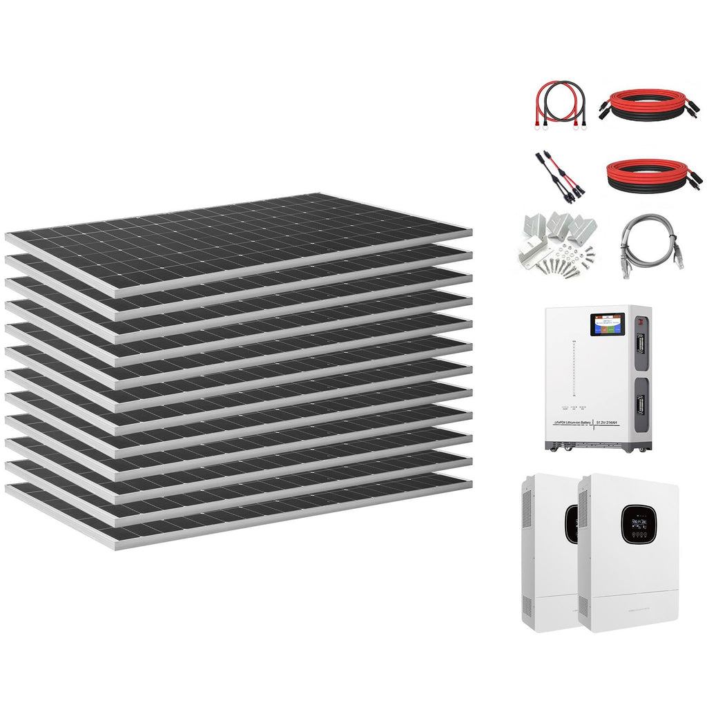 4800W 48V Complete Solar Power Kit, 12*400W Monocrystalline Solar Panels + 51.2V 300Ah LiFePO4 Battery + 48V 10KW Hybrid Inverter, Super High Output Off-Grid Solar Kit for Large House Shed Farm