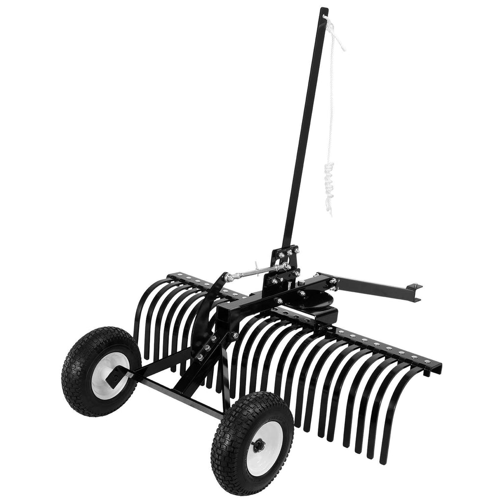 48in Tow Behind Landscape Rake, Pull Behind Lawn Rock Rakes for ATV Mower Tractors, 24 Durable Steel Tines, Adjustable Height & Angle, Heavy Duty Dethatcher Rake for Leaves Debris