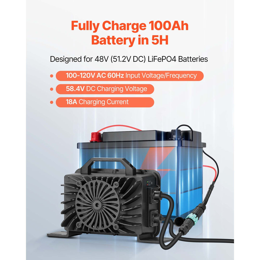 48V 18A Lithium Battery Charger, 58.4V, AC-DC LiFePO4 Smart Charger, with Waterproof Connector, LED Indicator, 0V Activation, for LiFePO4 Deep Cycle Rechargeable Batteries of Boat, RV, IP68 image 2