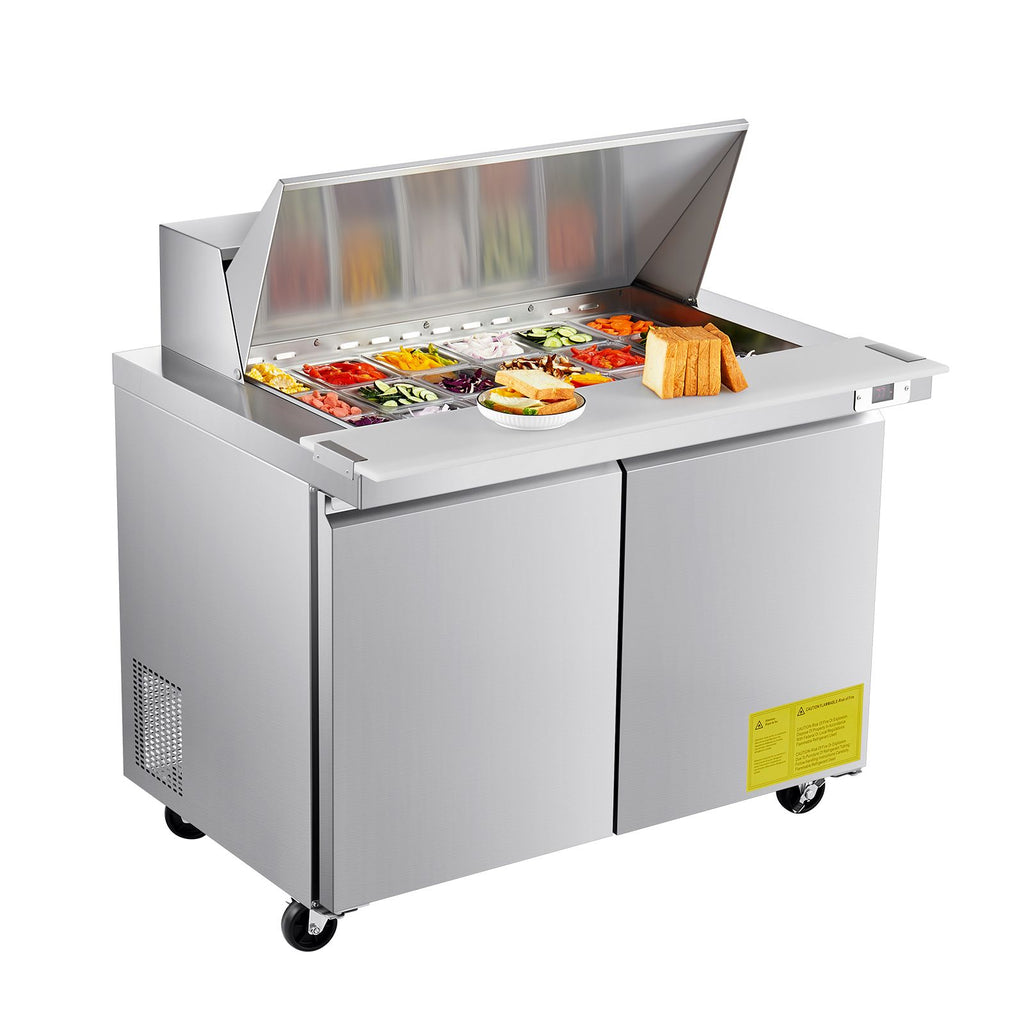 48"W Commercial Refrigerator, 12.5 Cu. Ft Sandwich Prep Refrigerated Table, Mega Top Food Prep Fridge with 18 Pans and Cutting Board, Stainless Steel Salad Prep Cooler for Restaurant, Food Truck