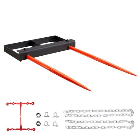 49" Hay Spear, Bale Spears 3000lbs Loading Capacity, Skid Steer Loader Tractor Bucket Attachment with 2pcs 17.5" Stabilizer Spears and 60" Chain, Quick Attach Spike Forks