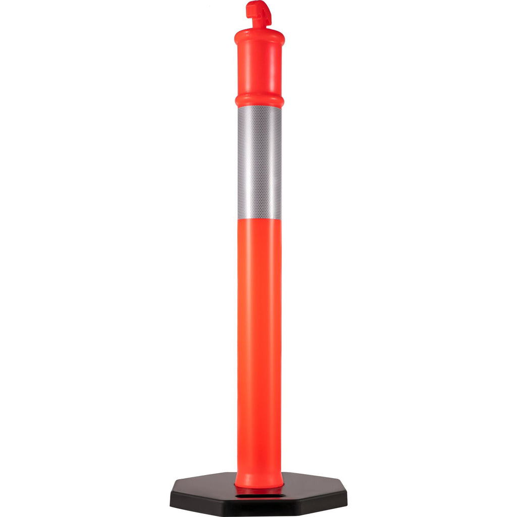 4Pack Traffic Delineator Posts 44 Inch Height, PE Delineator Post Kit 10 inch Reflective Band, Orange Delineator Cones with Rubber Base 16 inch for Construction Sites, Facility Management etc.