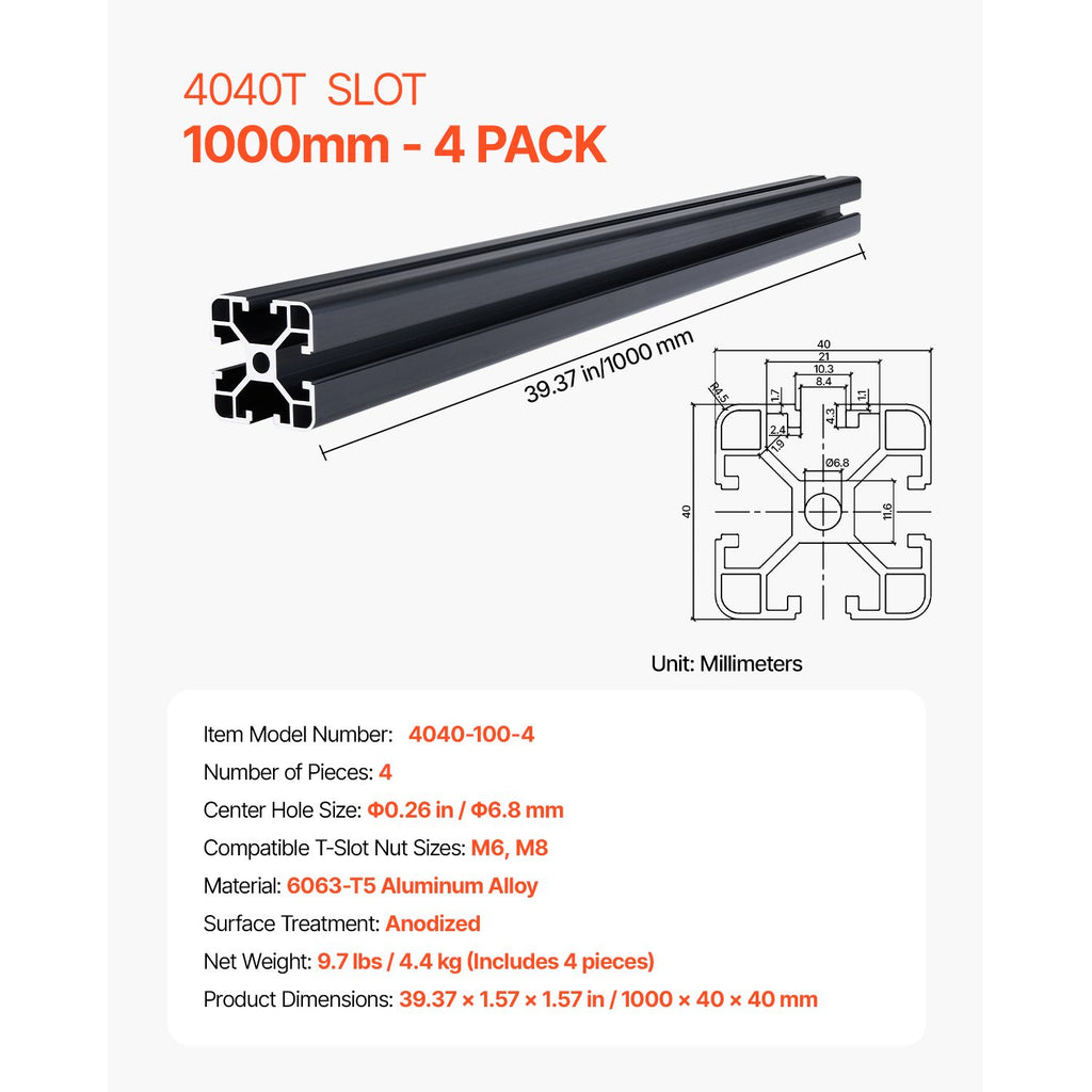 4PCS 39.4 in (1000mm) T Slot 4040 Aluminum Extrusion Profile, European Standard Anodized Linear Rail, High-Strength Extruded Aluminum Rail for 3D Printer, CNC Machine DIY, Laser Engraving, Black