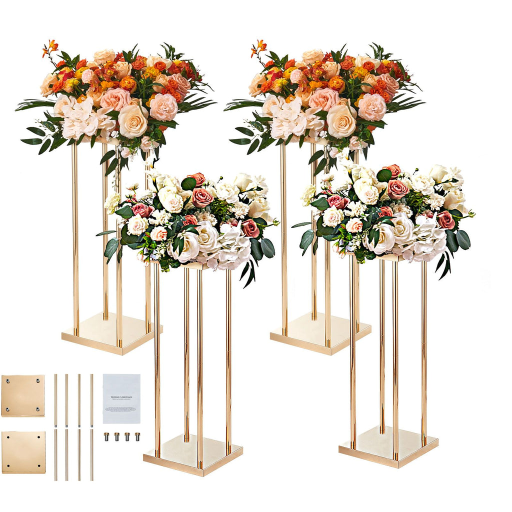 4PCS Gold Metal Column Wedding Flower Stand, 31.5inch High With Metal Laminate, Vase Geometric Centerpiece Stands, Cylindrical Floral Display Rack for Events Reception, Party Road Leads