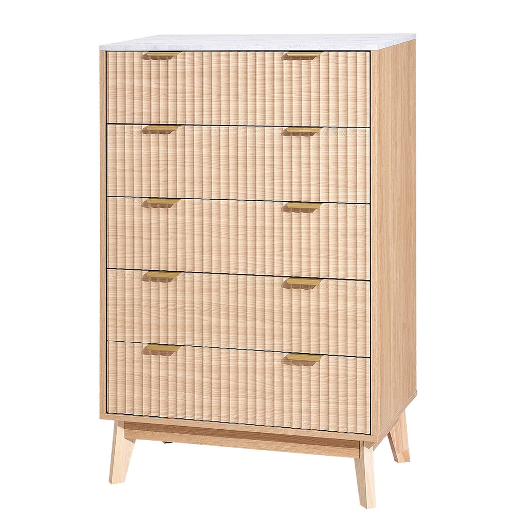 5 Fluted Drawer Dresser, Wooden Chest of Drawers with Sliding & Anti-tip Device, Modern Minimalist Dresser Chest, Closet Storage Organizer for Living Room, Hallway, Bedroom, Entryway, Light Wood