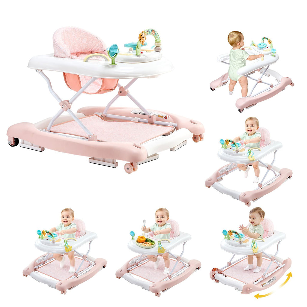 5-in-1 Baby Walker, Folding Baby Activity Center on Wheels, Height Adjustable Rocker Bouncer Walker with Comfortable High-Back Seat, Anti-Rollover Toddler Walking Helper for 6-24 Month Boy Girls